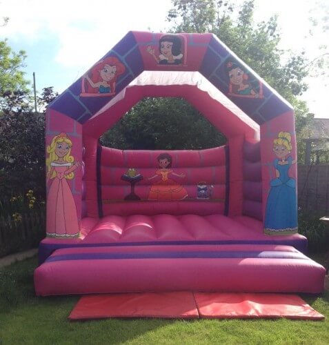 all ages pink and purple princess bouncy castle in a backgarden